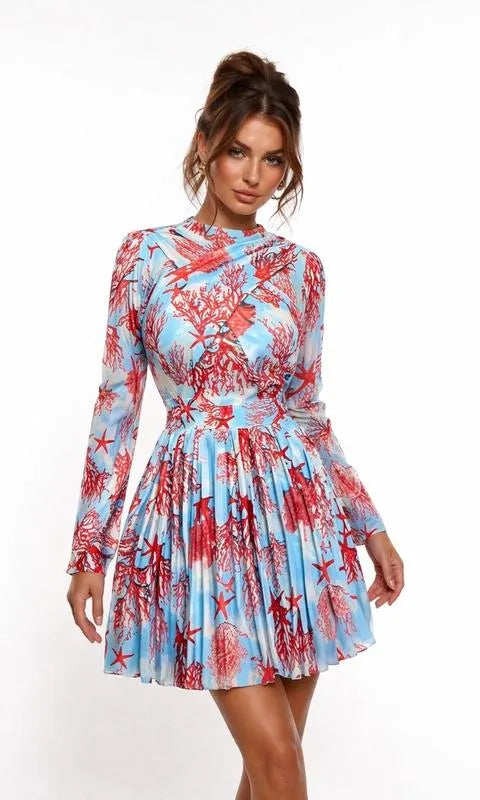 Women's Leaf Print Long Sleeve Round Neck Wrap Mini Midi Dress, Fitted elegant dress, Front Pleated Party Birthday Dress, Romantic Vacation Style 2026 Cocktail Dresses, Dressy Fashion Dinner Parties Dress, Streetwear Beach Dress