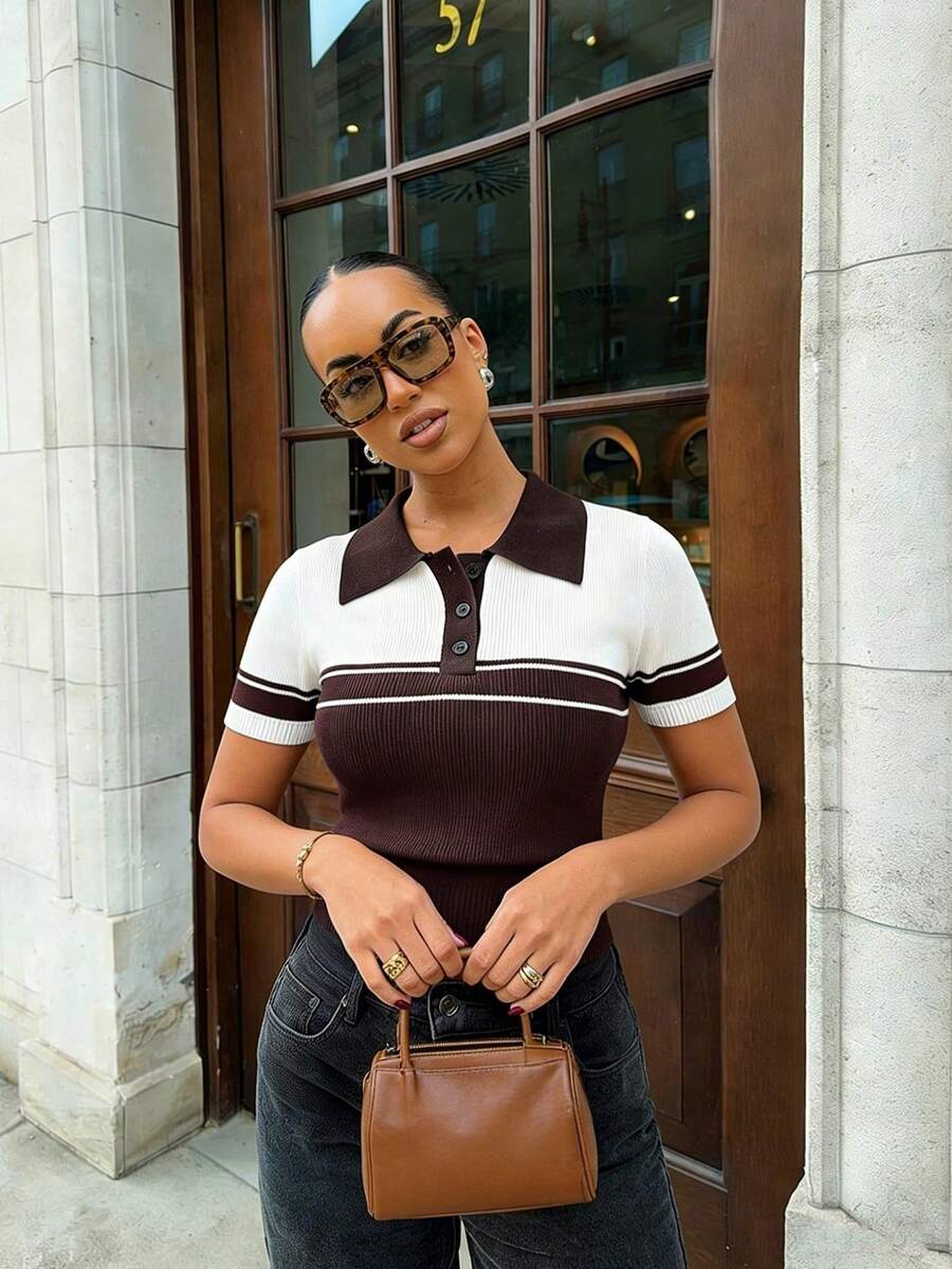 Spring/Summer Y2K Coffee & White Colorblock Polo Collar Short Sleeve Knit Top, Ribbed Vintage Soft Casual, Suitable For Daily And Party Wear