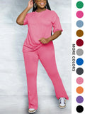 Women's Solid Round Neck Drop Shoulder Fitted Tee & Pants Two-piece Set, Casual Basic Fashion Cozy Half Sleeve T-shirt & Trousers for Daily Outdoor Wear, Women's Clothing for Fall, Casual Loungewear Set