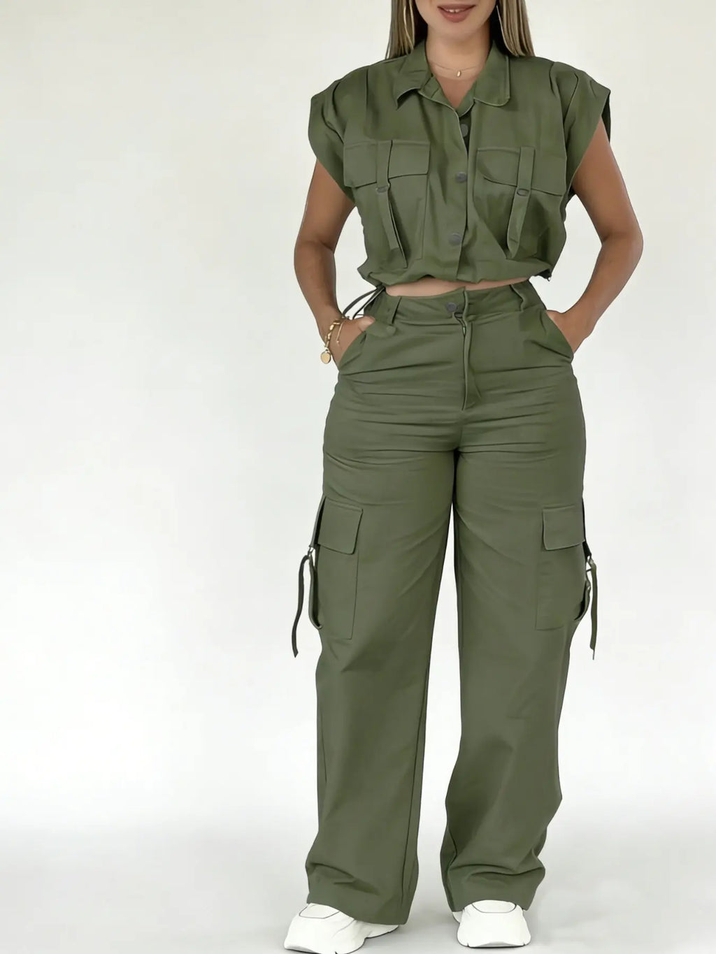Women's Solid Button Front Tank Top & Cargo Pants, Pockets, Casual Fashion Cozy Two-piece Set for Daily Outdoor Wear, Ladies Clothes for Summer, Womenswear Aesthetic