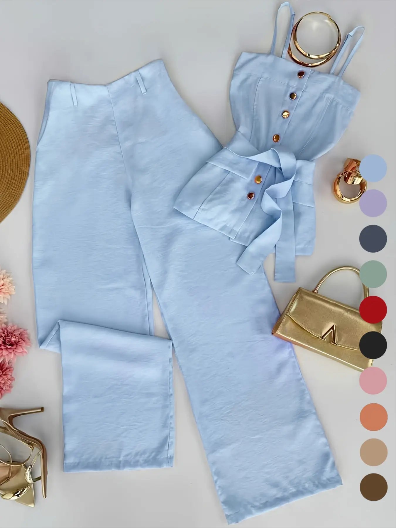 New Women's Solid Color Strappy Top & Long Pants Two-Piece Set, Outfit, Minimalist Basic Versatile Casual Wear, Comfortable and Stylish, Perfect for Daily Use