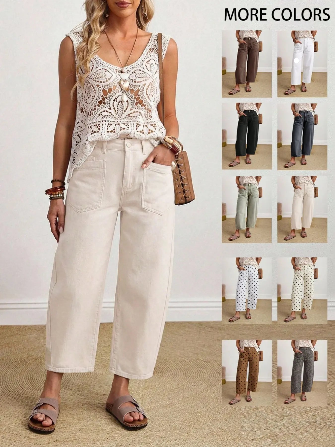 Coffee Color Patch Pocket Lantern Jeans, Casual Comfy Jeans, High Waist Loose Fit Retro Vacation Style Casual Pants