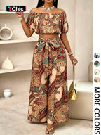 Women's Summer Paisley Print Vintage Vacation Two-Piece Set, Off-Shoulder Bubble Sleeve Crop Top + High Waist Drawstring Wide Leg Pants