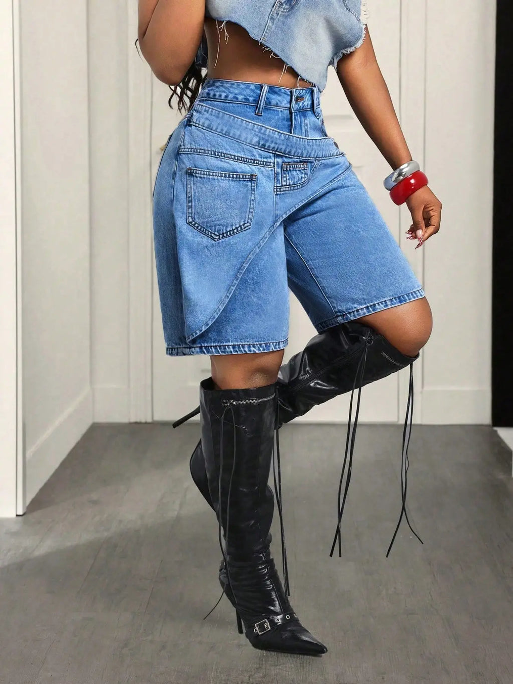Women's Casual Denim Shorts, Cross-Waist Design, Loose-Fit, Solid Pattern, Trendy Summer Fashion, Perfect for Parties and Daily Wear