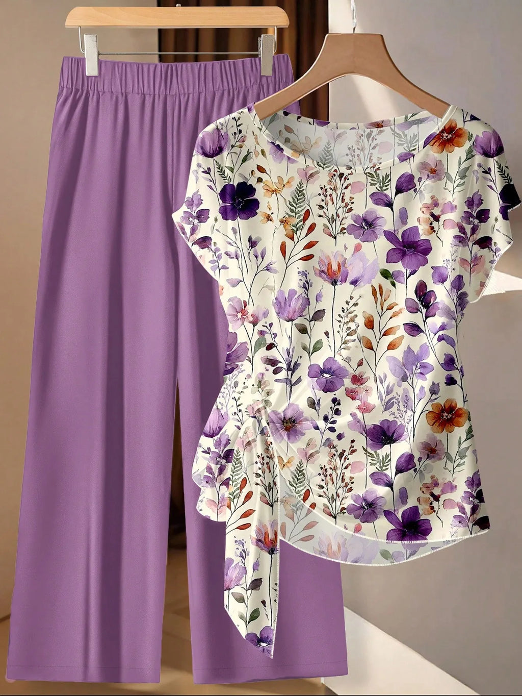 2pcs Women's Casual Bohemian Purple Floral Shirt & Pants Set,Summer Boho Vacation Outfit, Retro Beach Resort,Perfect For Wedding Guest Party