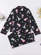 Women's Casual Pajama Set, Long Sleeve Button Front Shirt & Elastic Pants