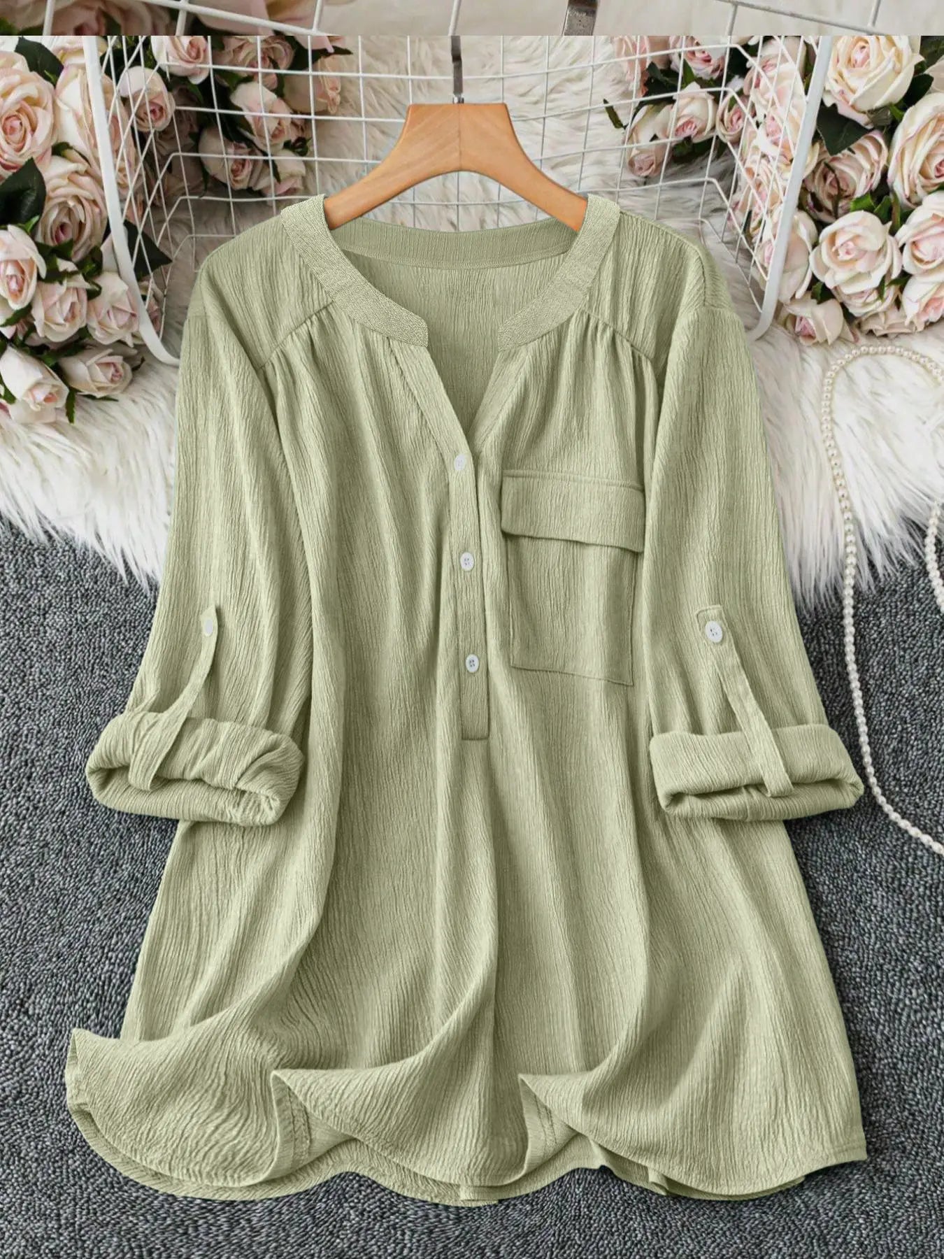 Lune Plus Size V Neck Shirt Blouse with Pockets, Casual Roll-Up Sleeve Design, Comfortable Daily Wear Top for Women
