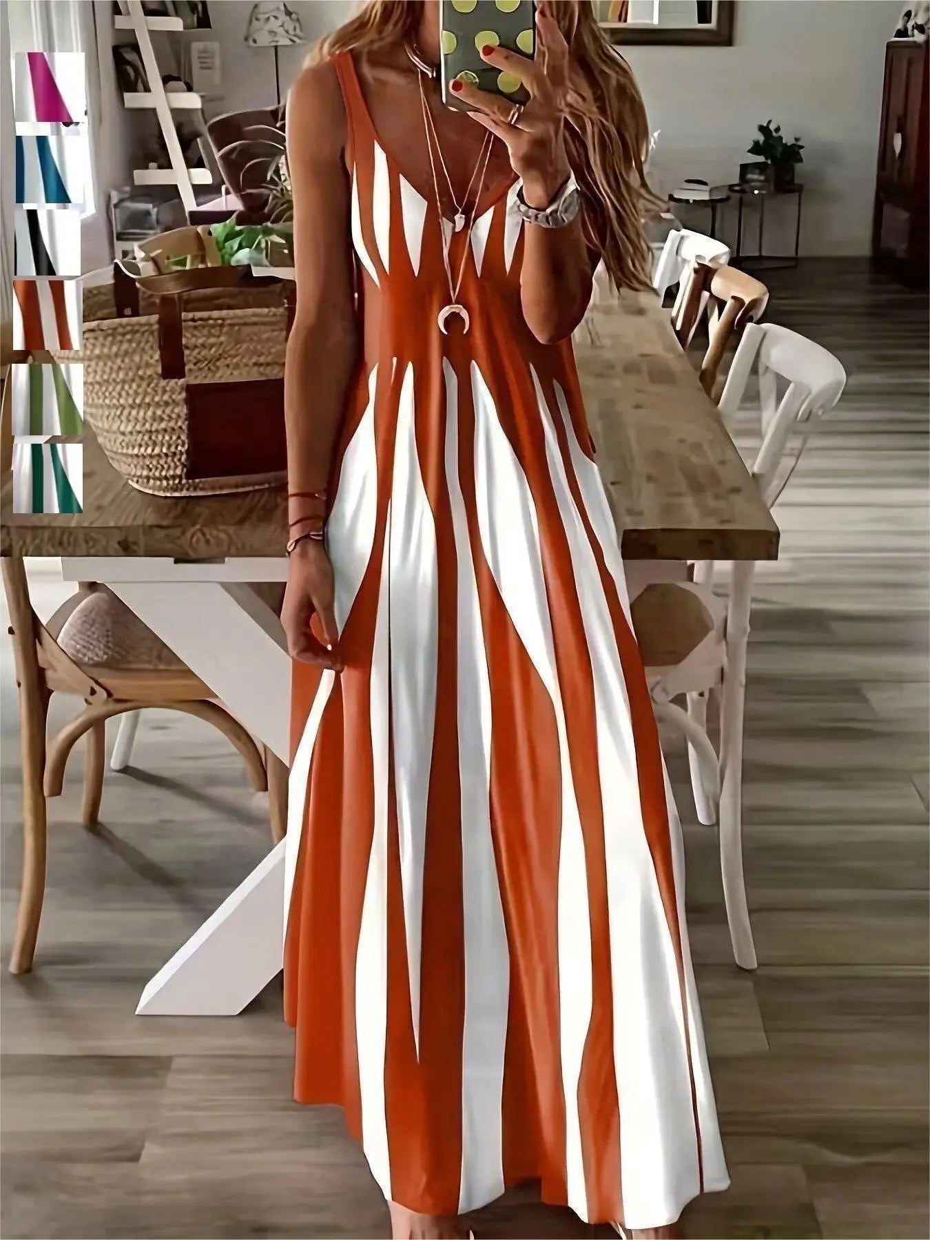 Summer New Arrival Women's Casual Sleeveless Striped V-Neck Long Dress, Sweet Style Loose-Fitting Daily Wear, Perfect for Outdoor Activities