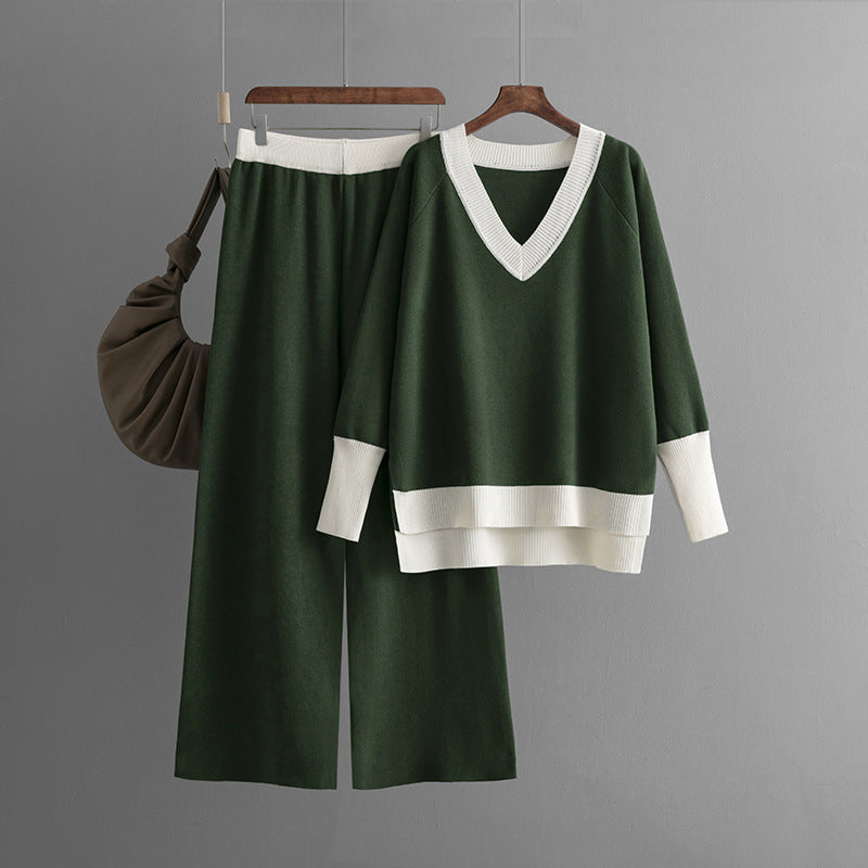 Casual V-Neck Contrast Top & Wide-Leg Pants Two-Piece Set
