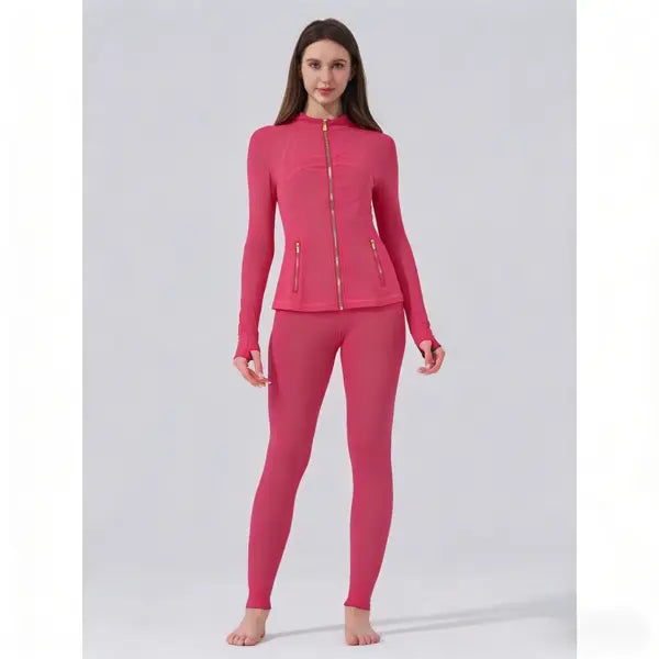 【Golden Zipper】Soft Brushed Women's Sport | Yoga | Quick-dry | Workout Jacket & High Waisted Cropped Leggings. Golden Zipper Jacket with Pockets, Yoga Pants, Thumbholes Design, Casual Slim fit Wear for Women