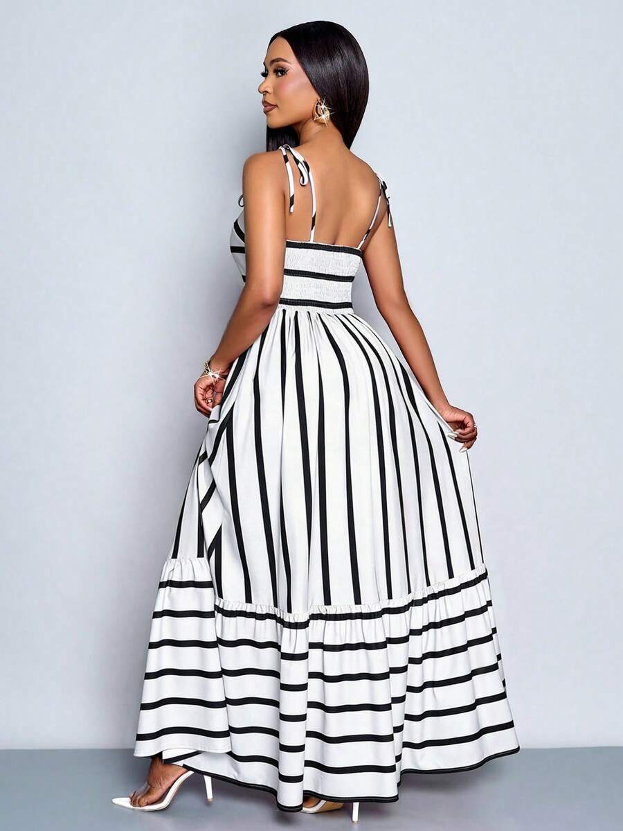 Women's Blue And White Stripe Flowing Maxi Dress,Summer Elegant Holiday Tea Party Holiday,Shoulder Straps Chest Gathering,Beach Casual Gown