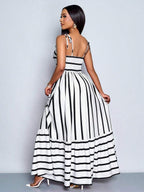 Women's Blue And White Stripe Flowing Maxi Dress,Summer Elegant Holiday Tea Party Holiday,Shoulder Straps Chest Gathering,Beach Casual Gown