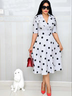 Elegant Chic Women's Midi Dress with Belt, Polka Dot Pattern, Short Sleeve