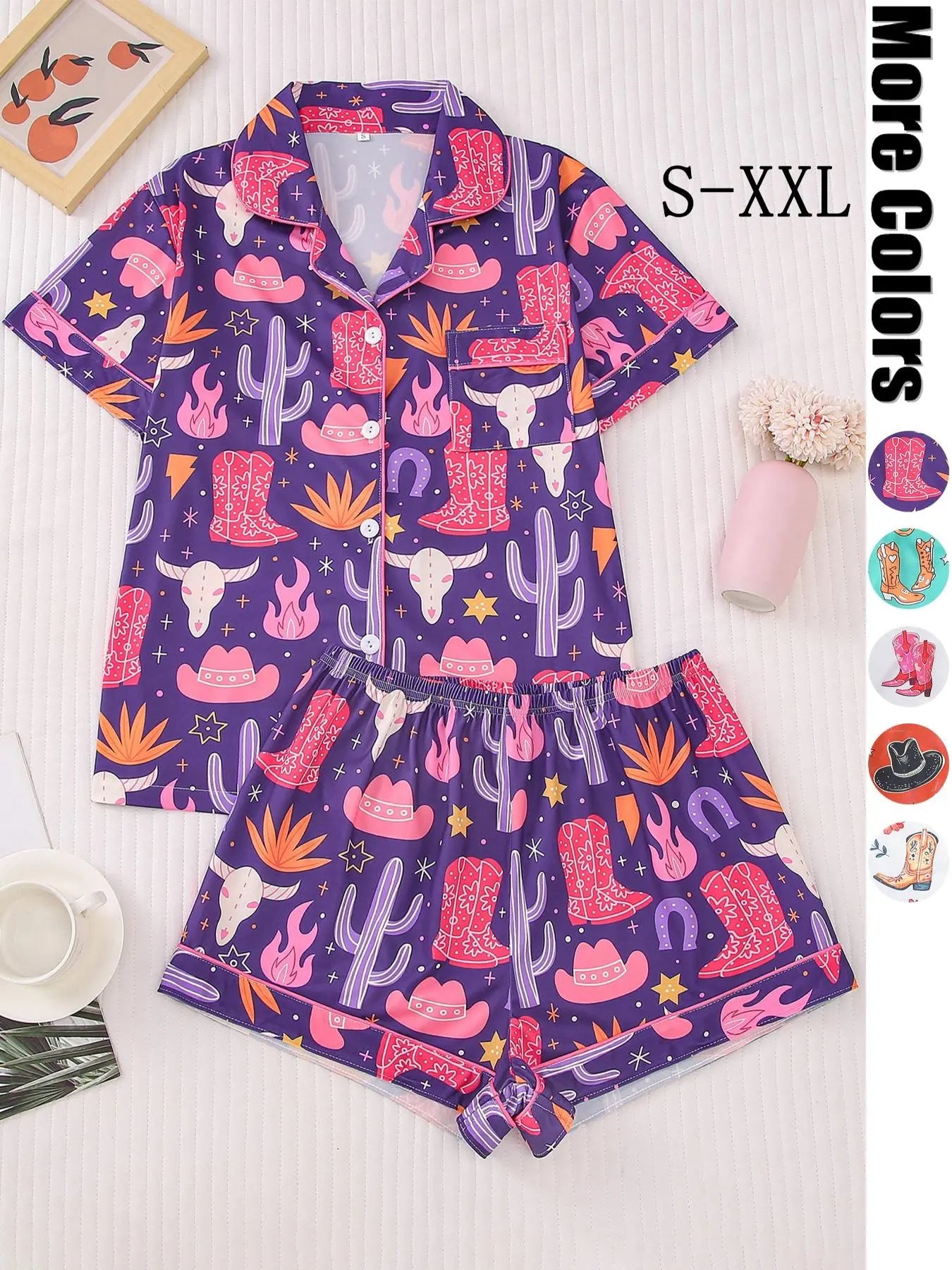 Women's All Over Cowboy Print Lapel Neck Button Front Pajama