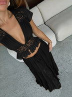 Women Summer Short Sleeve V Neck Tops Long Skirt Beach Vacation Chiffon Two Piece Set Outfit