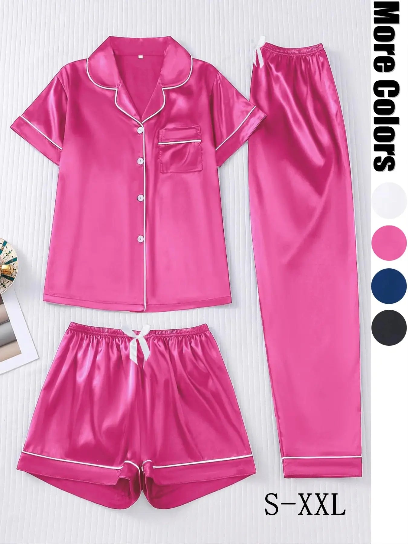 Women's Solid Satin Pyjama Three-piece Set