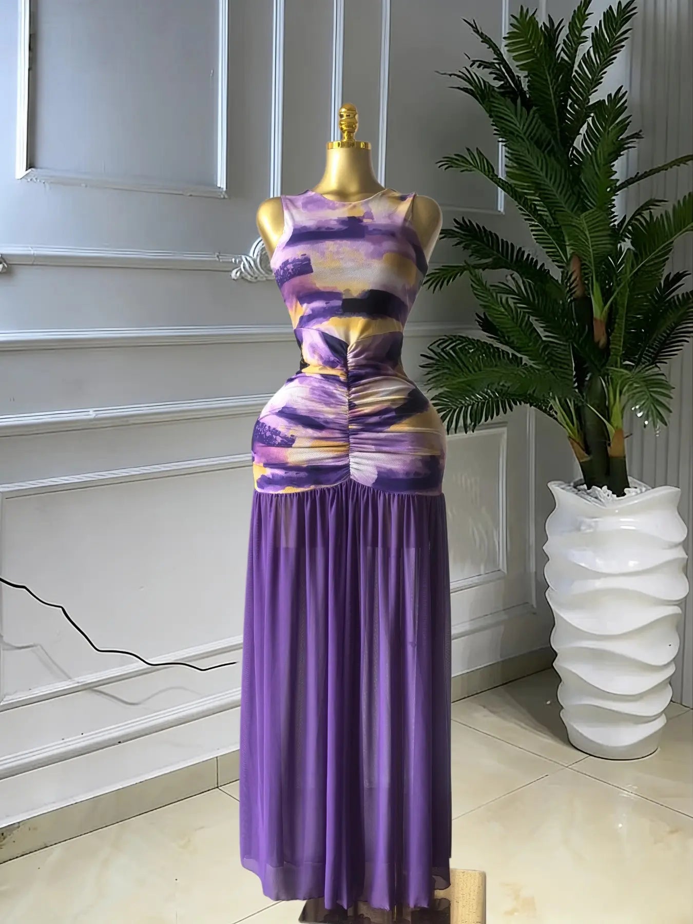 Women's Printed Ruched Stacked Bodycon Fitted A-Line Long Evening Dress, Fall Winter Holiday Party Gown, Elegant Chic Formal Party Wear, Prom Evening Gown, Bodycon Sleeveless Dress