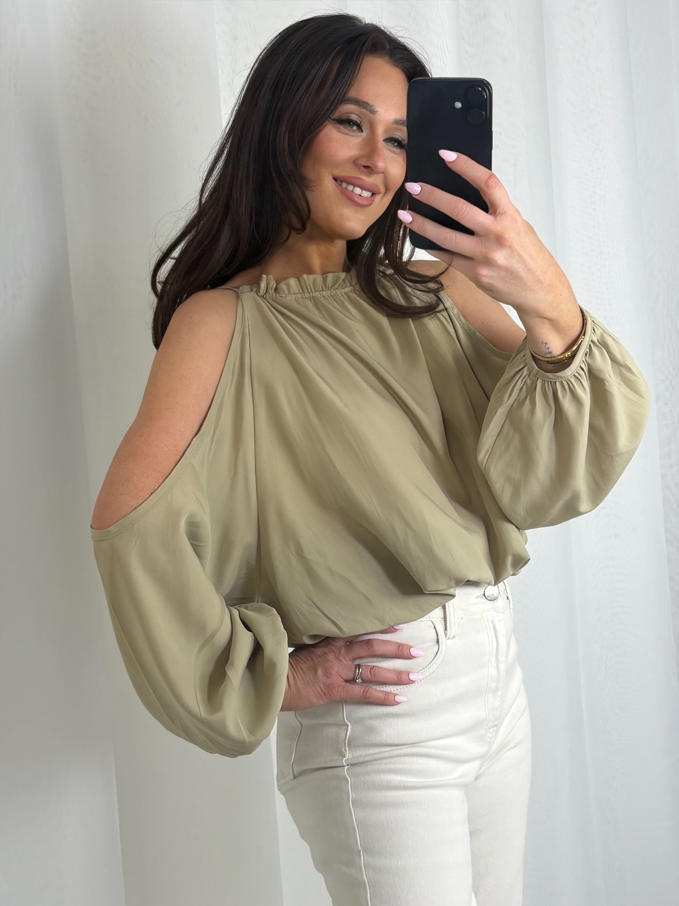 Sage Green Cut Out Balloon Sleeve Top