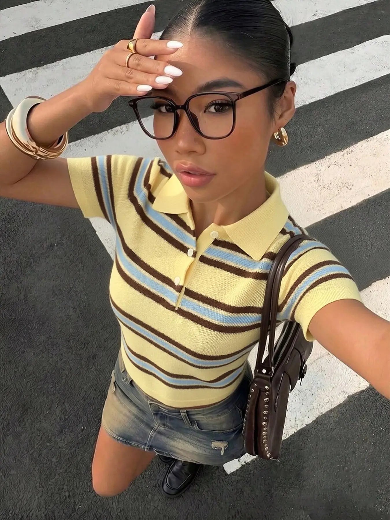 Women's Preppy Striped Knit Polo Shirt, Slim-Fit Short-Sleeve with Contrast Collar, Soft Lightweight Summer Top, Striped Polo Shirts