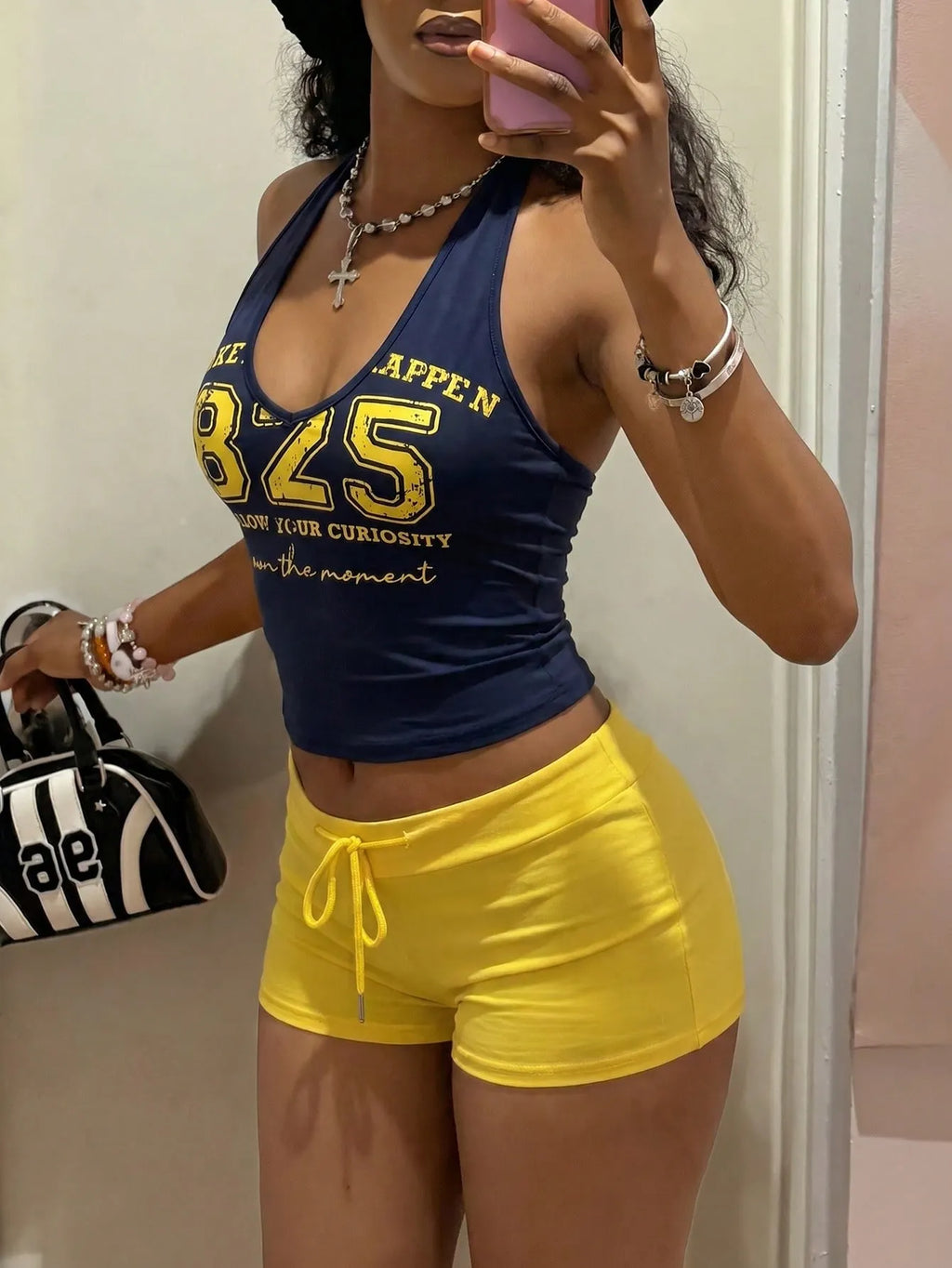 StreetHx Women 2-Piece Set:Yellow Vest Top,Blue Shorts.HypeZone-D Spaghetti Strap Camisole,Letter Print,Slim Fit For Gym,Summer,Y2k,Sports,Beach Outfits