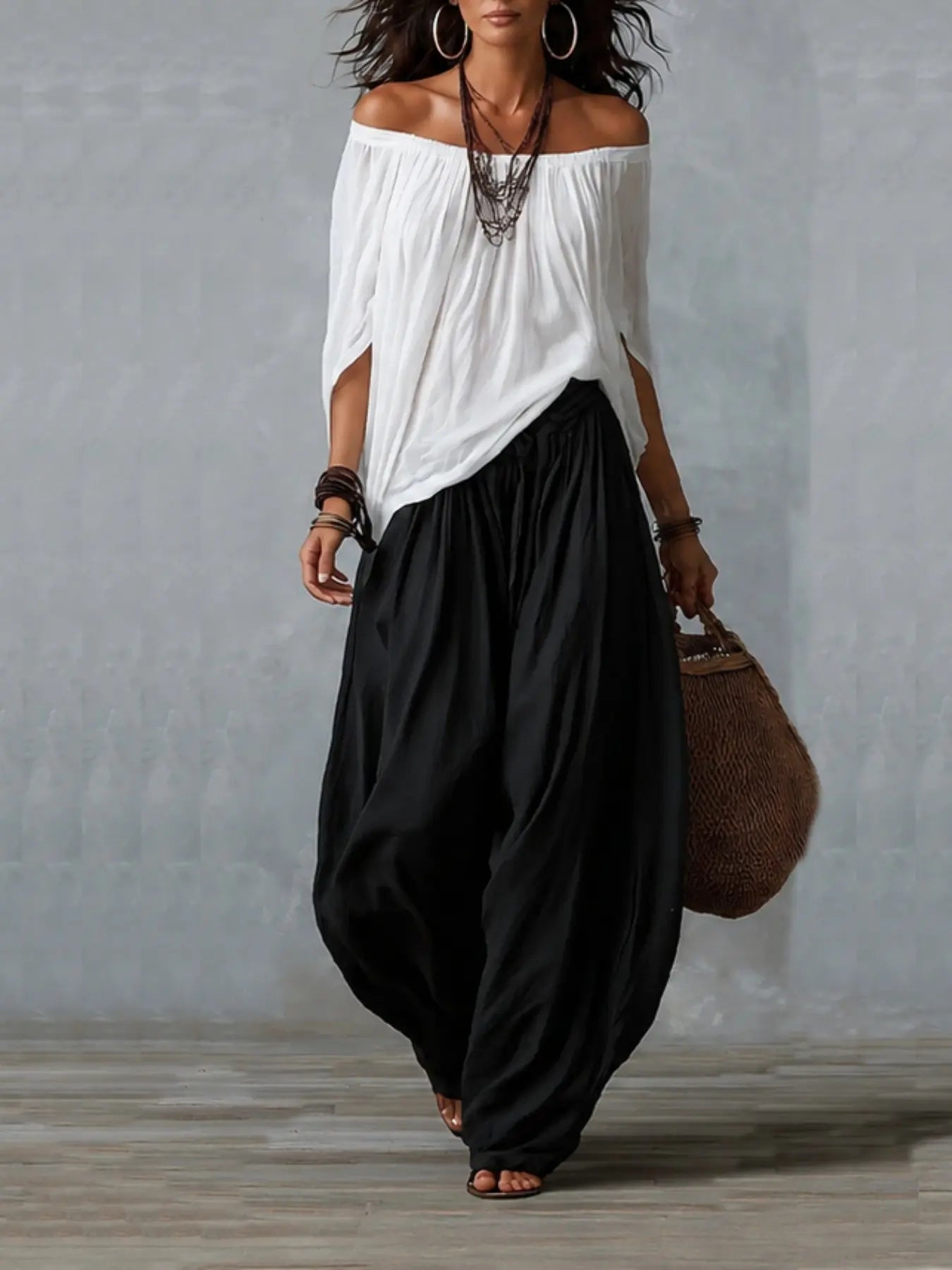 2026 New Women Two Piece Matching Set, Oversized Long off Shoulder Blouse, Elastic Cuff Lantern Pants, Casual Vacation Streetwear