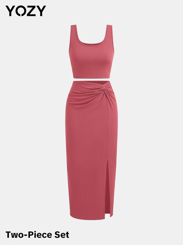 YOZY Solid Ribbed Crop Tank Top & Twist Split Skirt Set, Elegant Square Neck Sleeveless Top & High Waist Bodycon Skirt, 2024 Women's Summer Outfits for Party, Holiday, Vacation