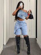 Women's Casual Denim Shorts, Cross-Waist Design, Loose-Fit, Solid Pattern, Trendy Summer Fashion, Perfect for Parties and Daily Wear