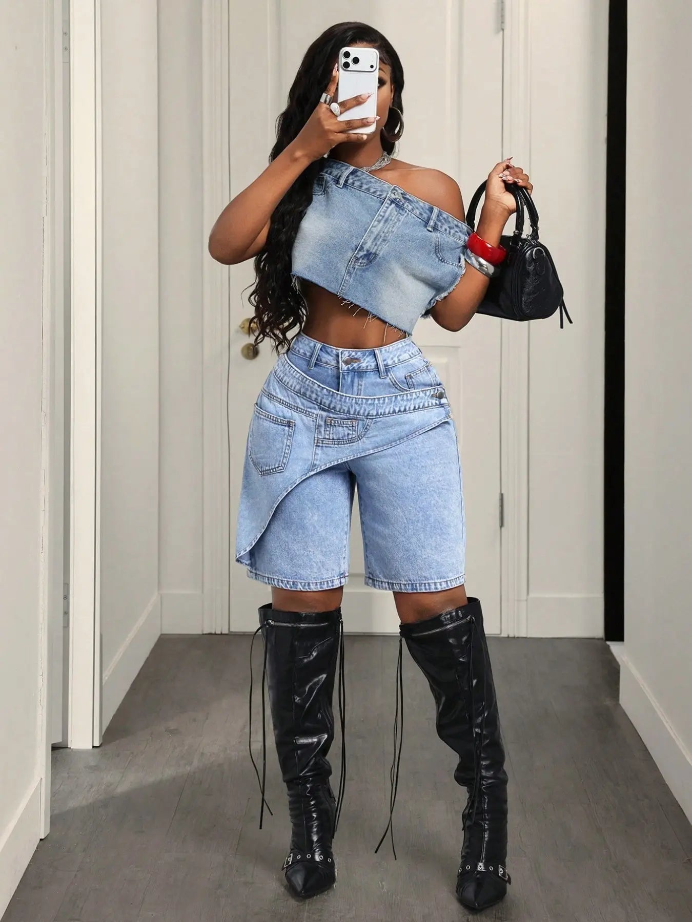Women's Casual Denim Shorts, Cross-Waist Design, Loose-Fit, Solid Pattern, Trendy Summer Fashion, Perfect for Parties and Daily Wear