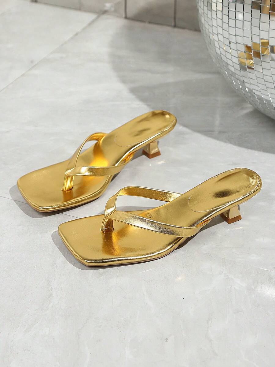 Square Toe Wide Foot Thong Sandals With Thin Heel, Versatile Outdoor Wear Thin Heel Thong Flip Flops For Women, Chic & Elegant