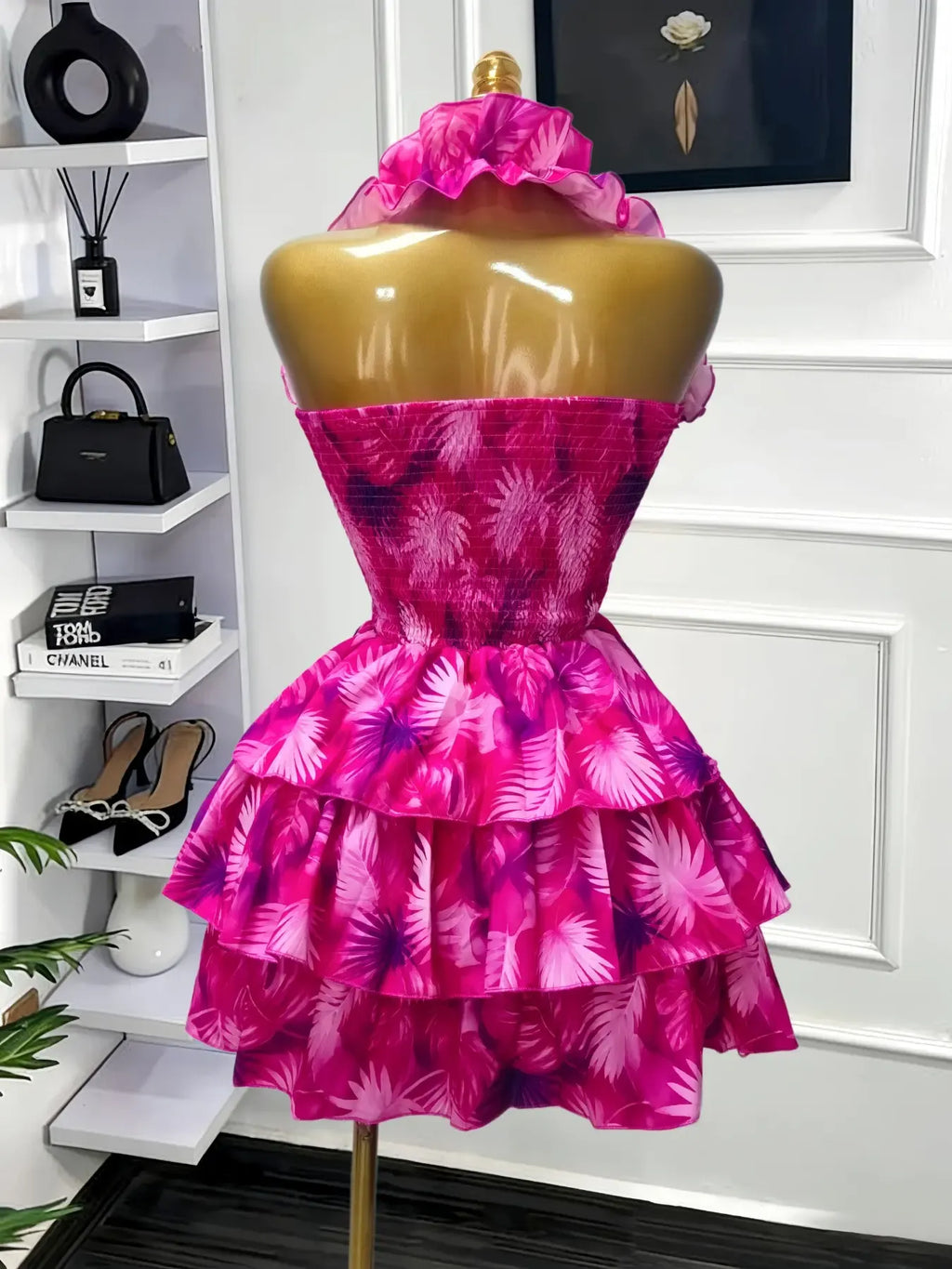 Elegant Women Sweet Sexy Club Party Outfit Dress, Women's Floral Print Backless Strapless Layered Ruffle Mini Prom Dress,Lady Casual Dresses,Female Brunch Dresses,Graduation Dress, Floral Evening Dress