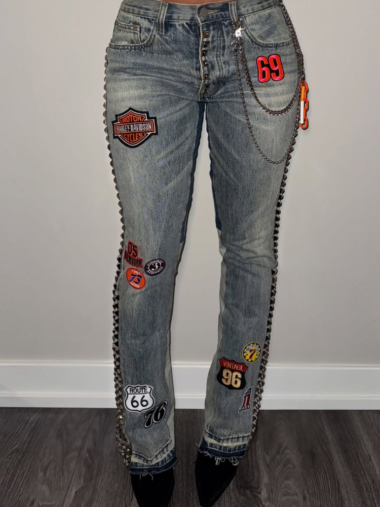 Womens Printed Washed Water Casual Jeans