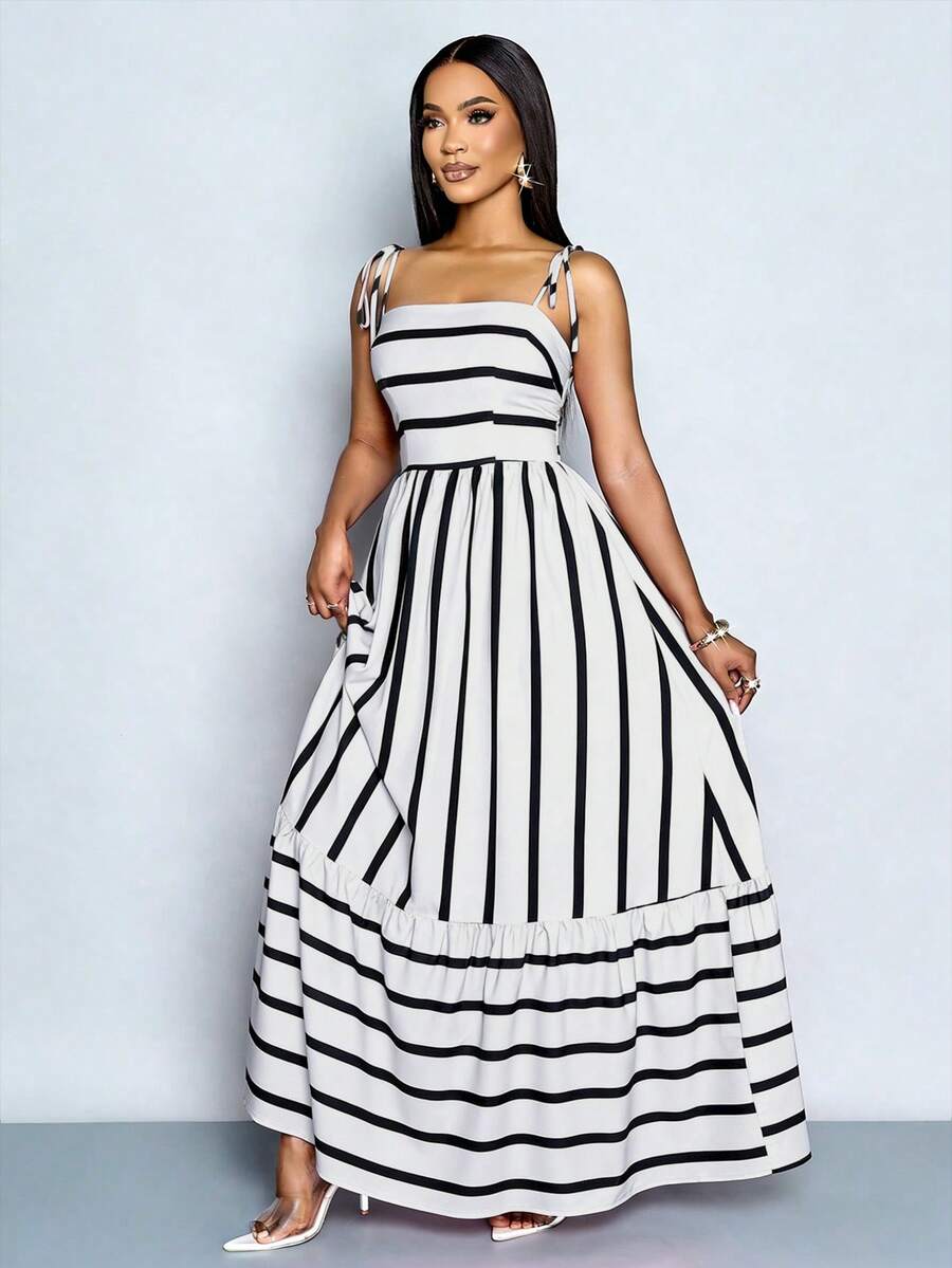 Women's Blue And White Stripe Flowing Maxi Dress,Summer Elegant Holiday Tea Party Holiday,Shoulder Straps Chest Gathering,Beach Casual Gown