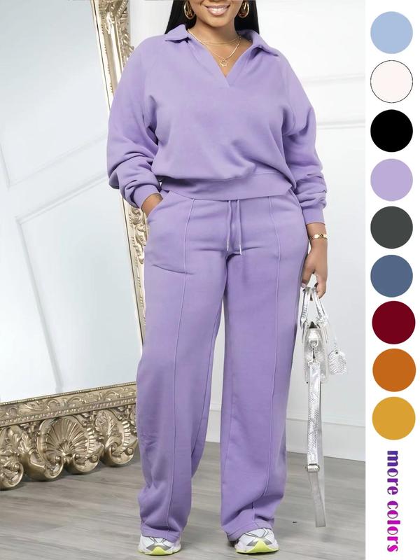 Women's Sets 2 Piece Outfit Long Sleeve Lapel V Neck Sweatshirt and Drawstring Wide Leg Pants Sweatsuits