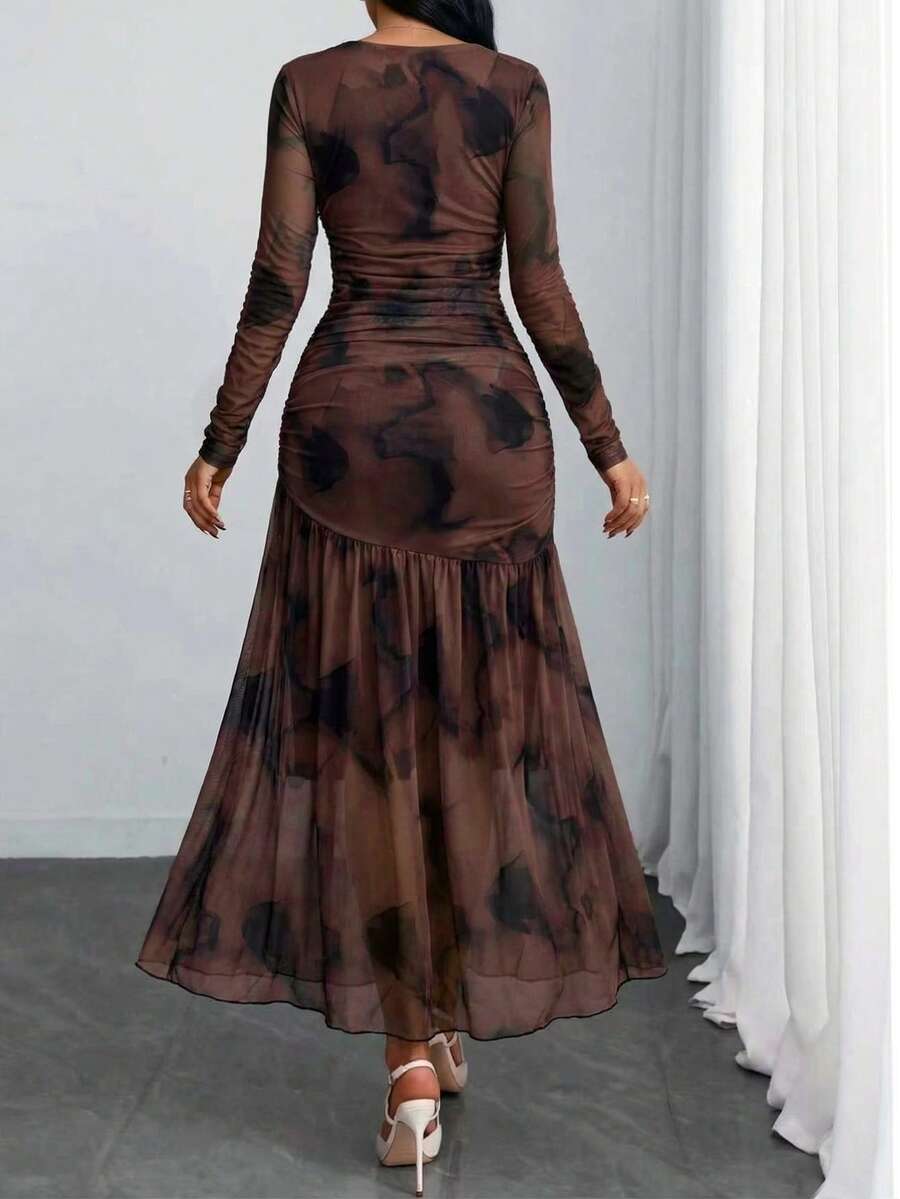 Women's Gothic Sexy Elegant Modern Contrast Stripe Asymmetrical Ruffle Waist Double-Layer Mesh Long Sleeve Dress, Suitable For Dates, Vacations And Daily Commute Spring