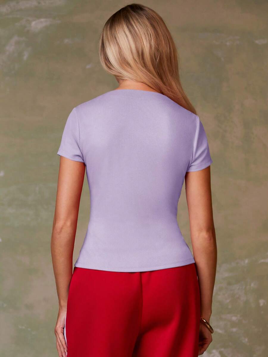 Women's Casual Red Single-Breasted Short Sleeve Fitted Top,Red Top,Christmas, Cute Vacation,Resort Wear,Summer Holiday,Spring,Spring Break,Beach
