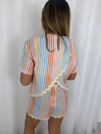 Pastel Striped Scalloped Edge Cross Over Back Shorts Co-ord