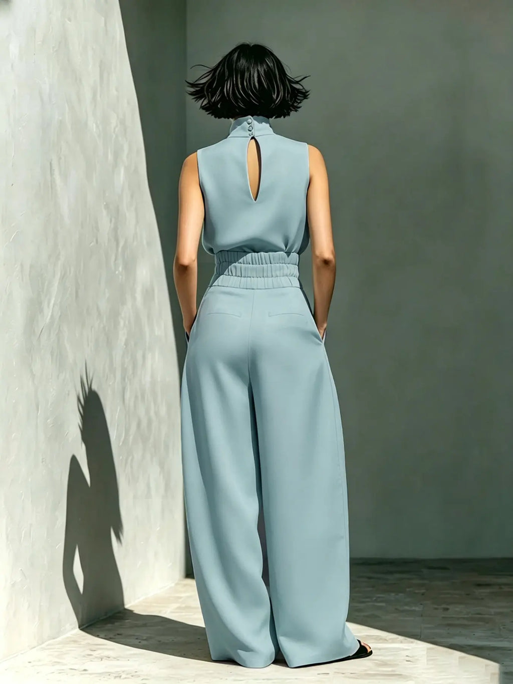 Women's High-Neck Sleeveless Top and High-Waist Wide-Leg Pants Two-Piece Set, Elegant Chic Formal Outfit for Fashionable Ladies, Clothes