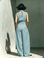 Women's High-Neck Sleeveless Top and High-Waist Wide-Leg Pants Two-Piece Set, Elegant Chic Formal Outfit for Fashionable Ladies, Clothes