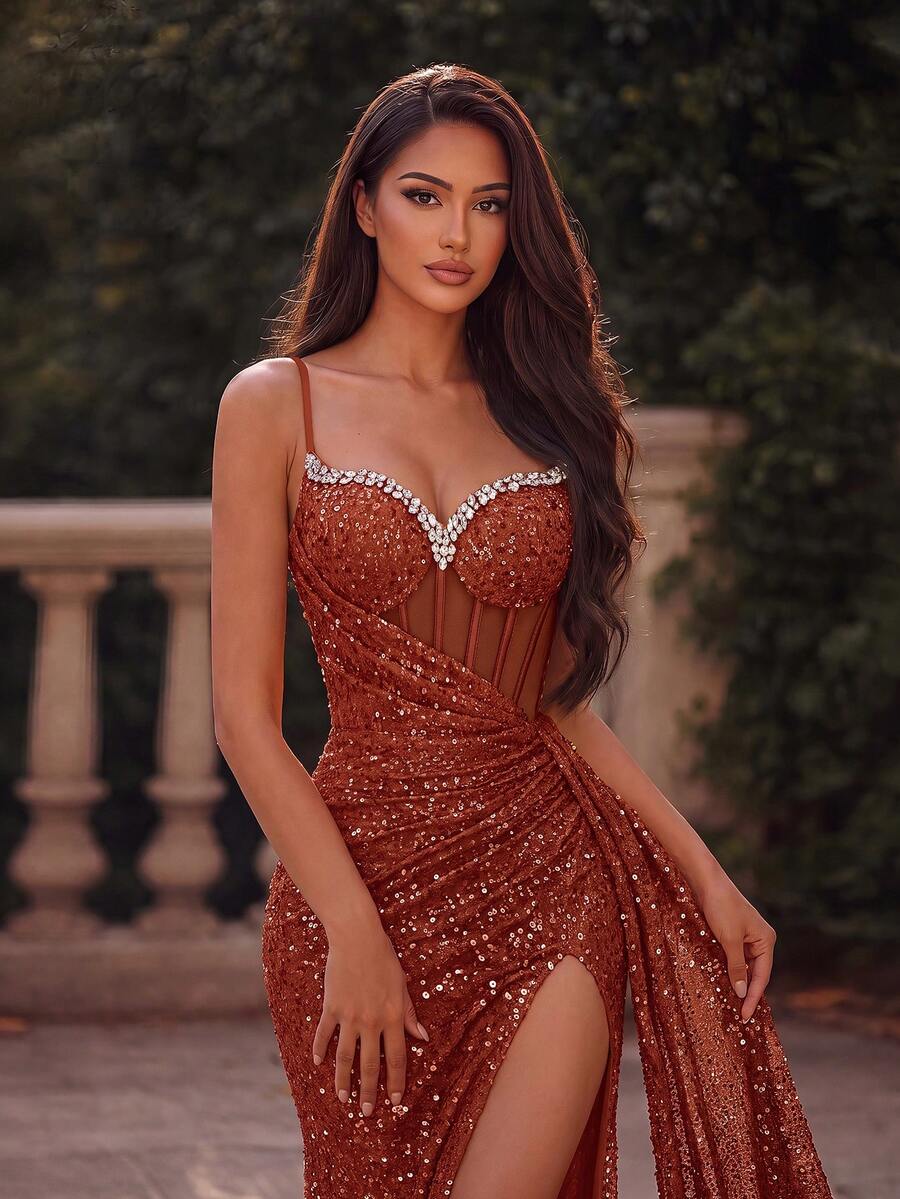 Elegant Sequin Spaghetti Strap Rhinestone Patchwork Fishbone High Waist High Slit Tie Back Open Back Evening Dress Fall