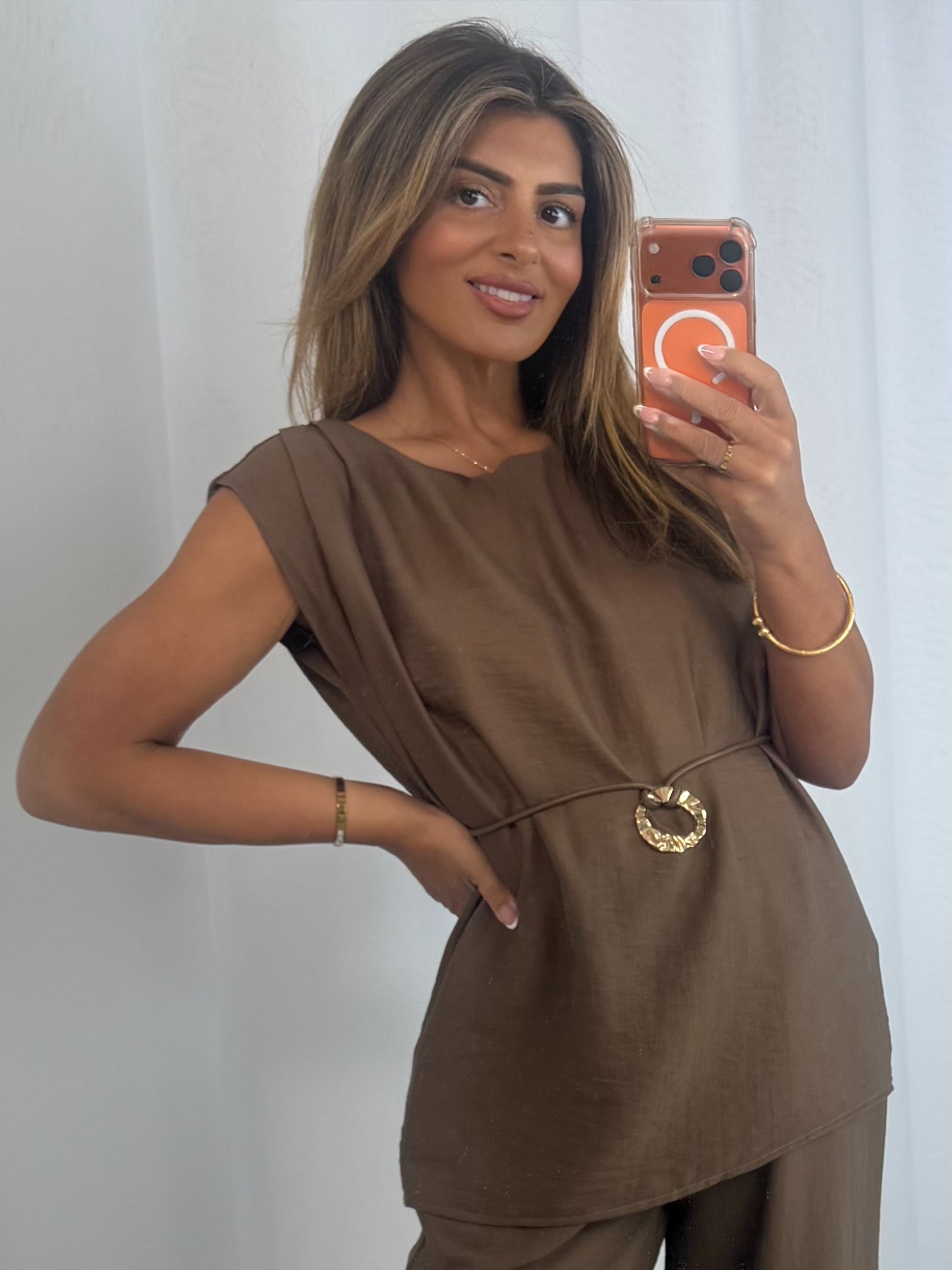 Brown Co-Ord With Thin Leather Belt And Gold Disk