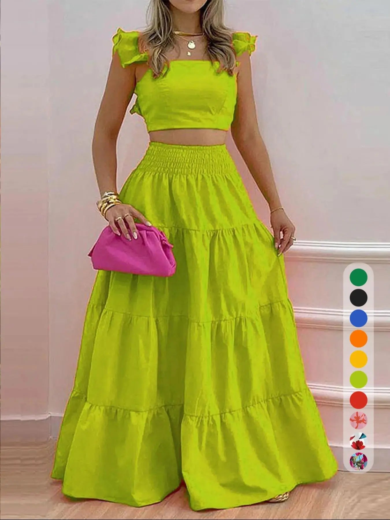 Women's Solid Color / Floral Print Shirred Top & Long Skirt Two-piece Set, Boho Fashion Casual Top & Skirt for Daily Holiday Vacation Wear, Ladies for Summer