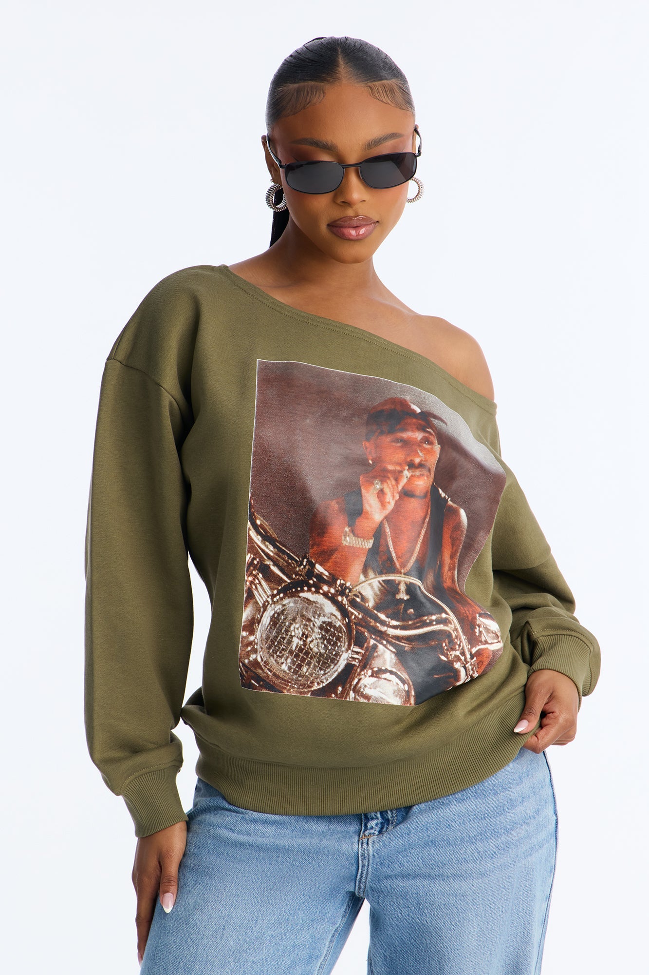 Tupac Motorcycle Off Shoulder Lounge Sweatshirt - Dark Olive