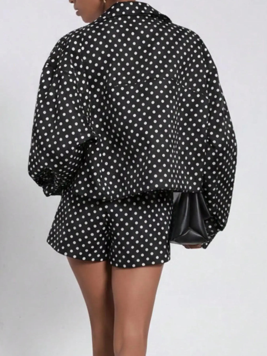 Women's Spring/Fall European Style Two-Piece Button Front Suit, Stand Collar Vintage Polka Dot Long Sleeve Blazer & Shorts, Pilot Look Outerwear Short Suits Top