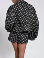 Women's Spring/Fall European Style Two-Piece Button Front Suit, Stand Collar Vintage Polka Dot Long Sleeve Blazer & Shorts, Pilot Look Outerwear Short Suits Top