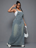 Plus Size Women's Summer Punk Casual Style Frayed Denim Strap Dress, Essential for Daily Outings, Trendy and Comfortable Long Skirt