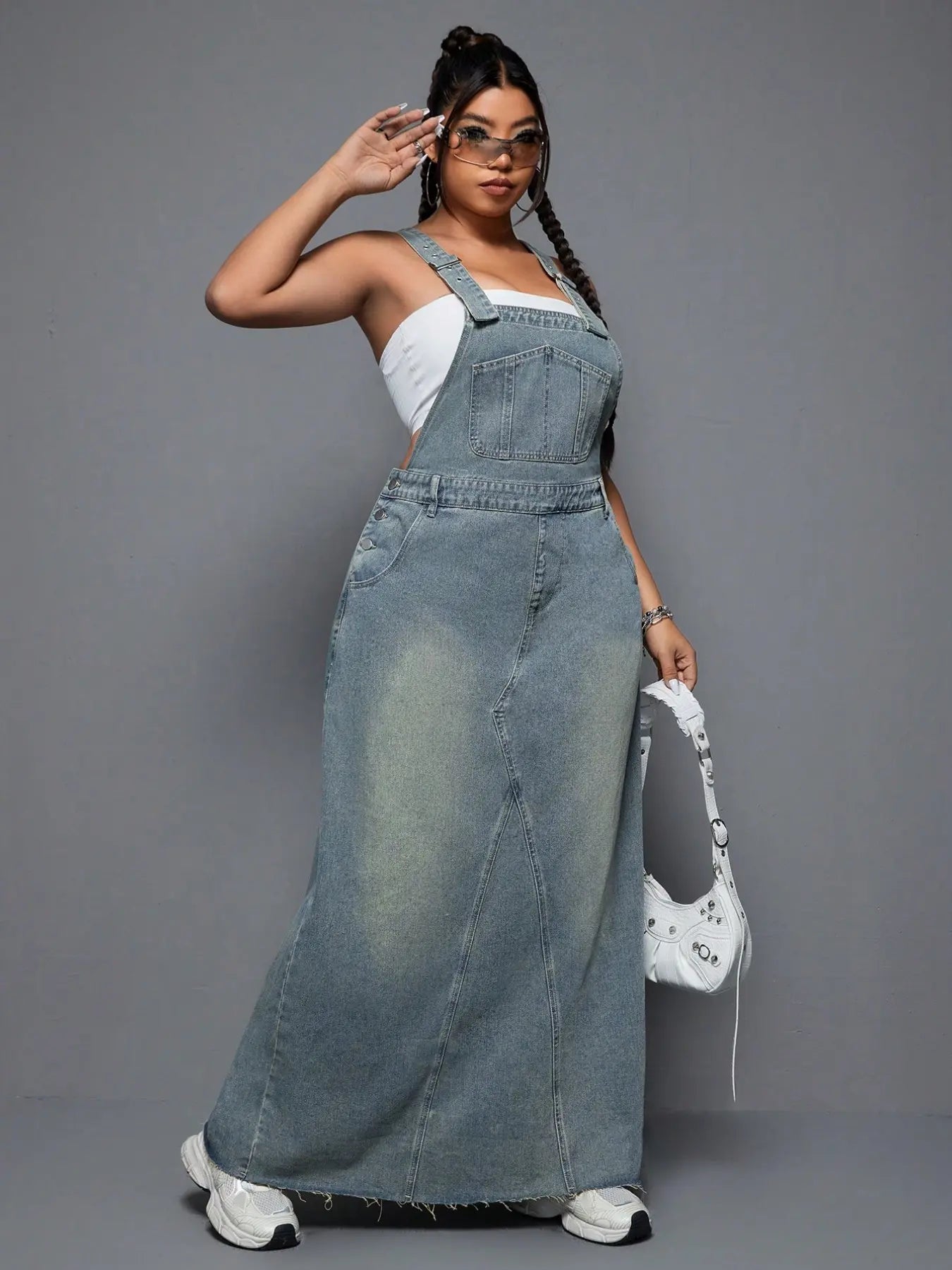 Plus Size Women's Summer Punk Casual Style Frayed Denim Strap Dress, Essential for Daily Outings, Trendy and Comfortable Long Skirt
