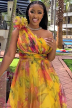 One Shoulder Rosette Floral Print Mesh Party Maxi Dresses-Fuchsia