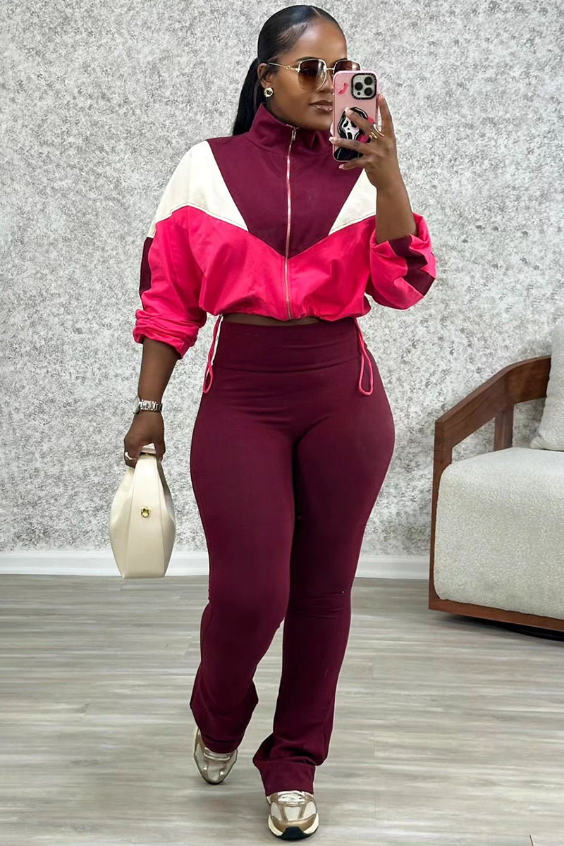 Colorblock Ruched Zipper Crop Top Plain Pants 2pcs Set-Fuchsia