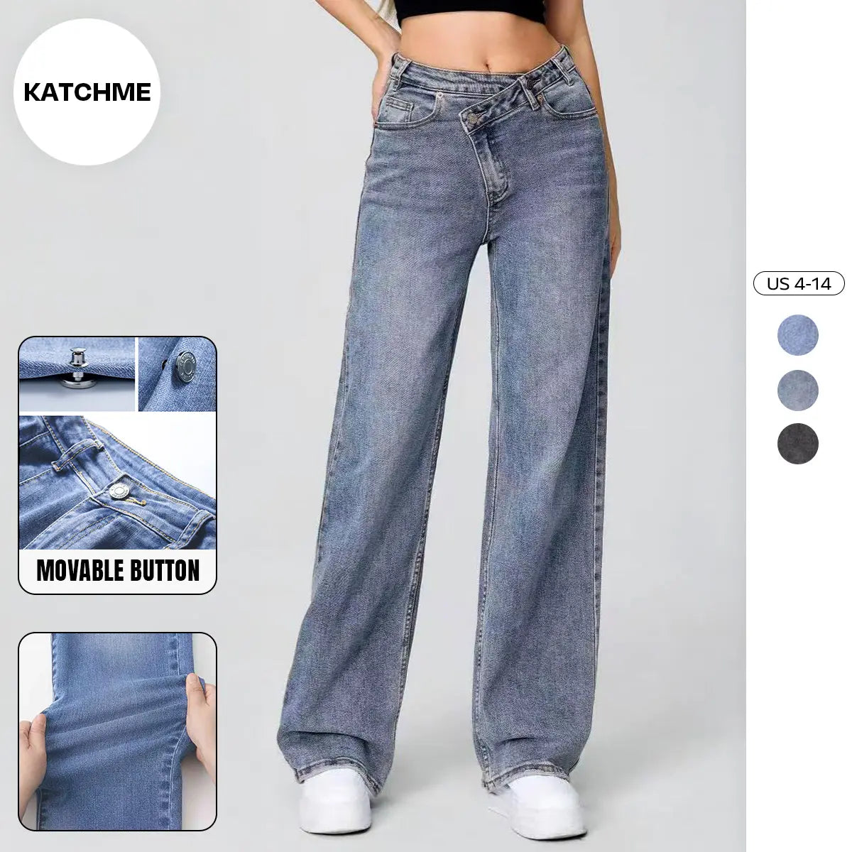 Women's Street Chic High Waist Multi-Pocket Baggy Denim Wide Leg Jeans, Versatile Streetwear Outfits, Asymmetric Waist Denim Trousers
