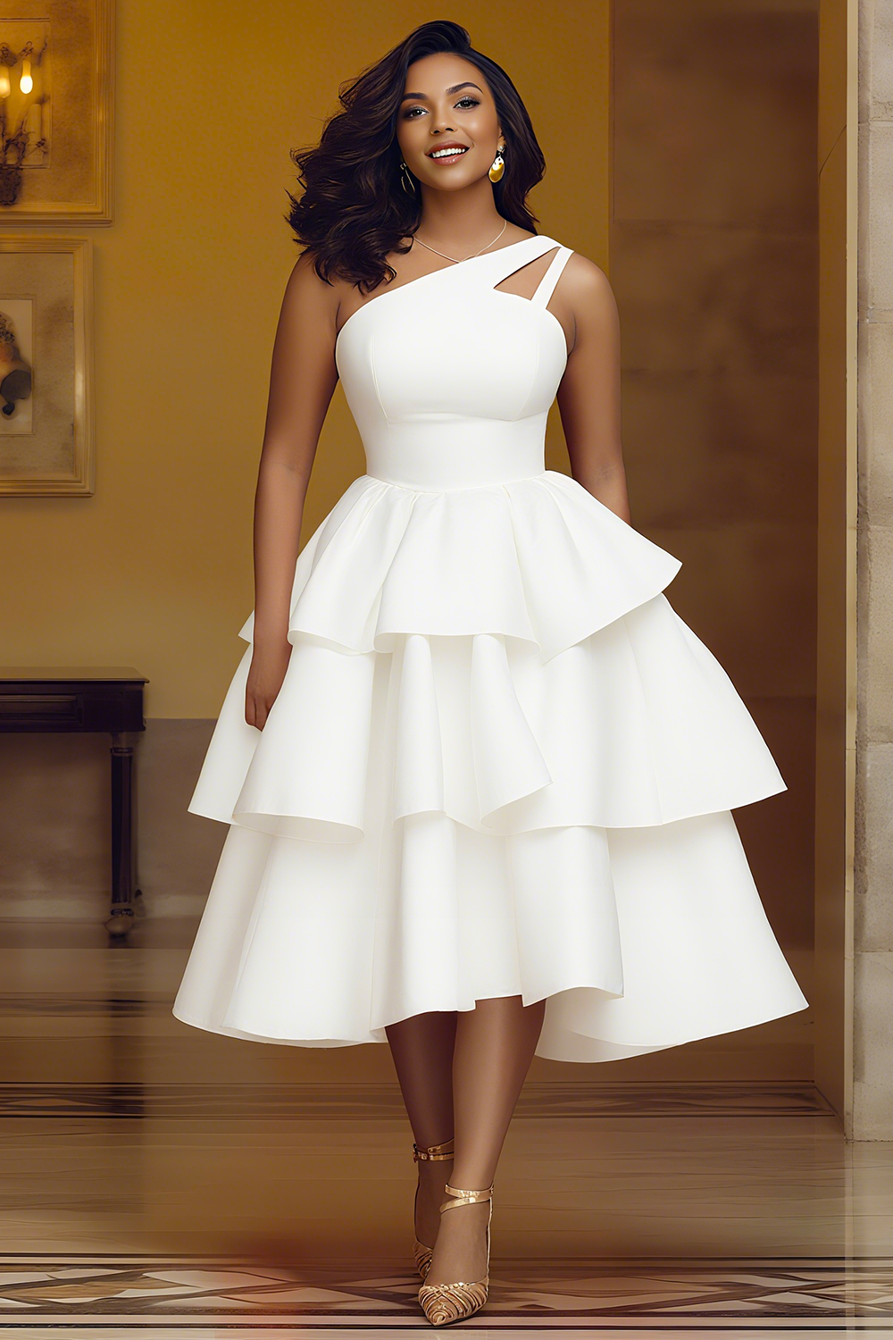 One Shoulder Cinched Waist Layered Hem Party Midi Dresses-White